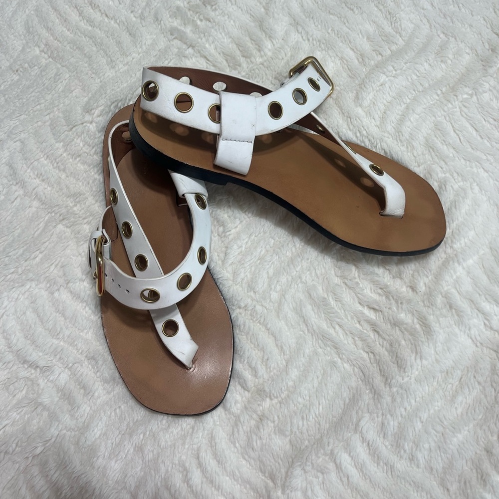 Celine White Leather Grommet Sandals 37.5 Flat Ankle Strap Made in Italy - Picture 2 of 16